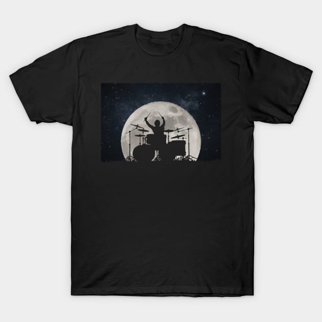 Drummer Playing Drums In Moon Space Solar System T-Shirt by mrsmitful01